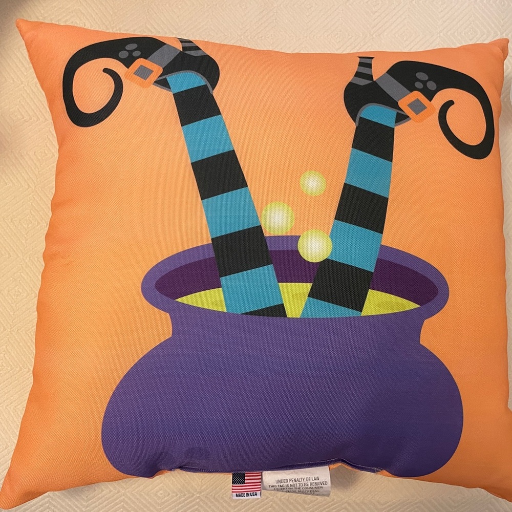 Witch's Cauldron Halloween Pillow - Orange and Purple
